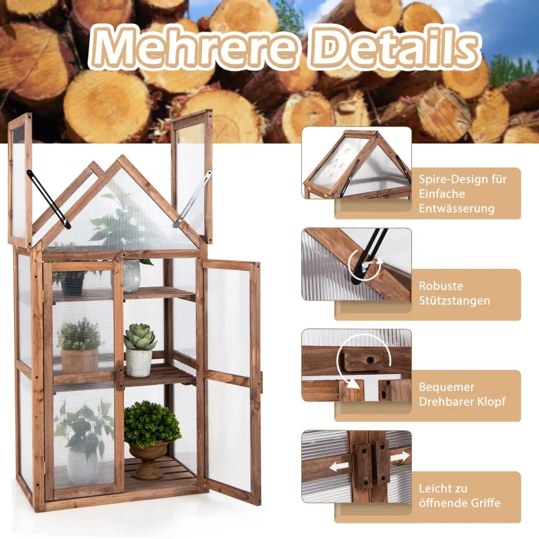 RELAX4LIFE 3 Etagen Hochbeet, Gewächshaus mit 3 Ablagen, Frühbeet aus Tannenholz & Polycarbonat, Pflanzenhaus für Garten Balkon Terrasse, 70,5 x 41 x 133,5 cm – Bild 8