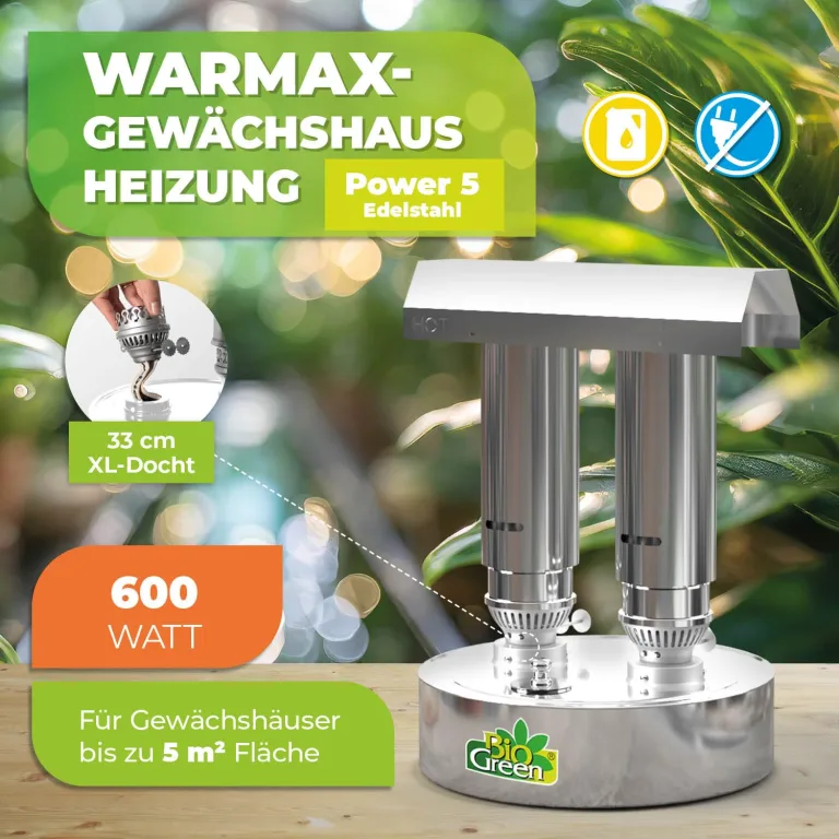 Bio Green Paraffin-Gewächshaus-Heizung WARMAX Power 5 aus Edelstahl | max. 600 Watt | für Gewächshäuser bis 5 m² | max. 3,5 Tage Brenndauer/Füllung – Bild 3