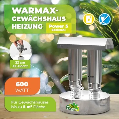 Bio Green Paraffin-Gewächshaus-Heizung WARMAX Power 5 aus Edelstahl | max. 600 Watt | für Gewächshäuser bis 5 m² | max. 3,5 Tage Brenndauer/Füllung – Bild 9