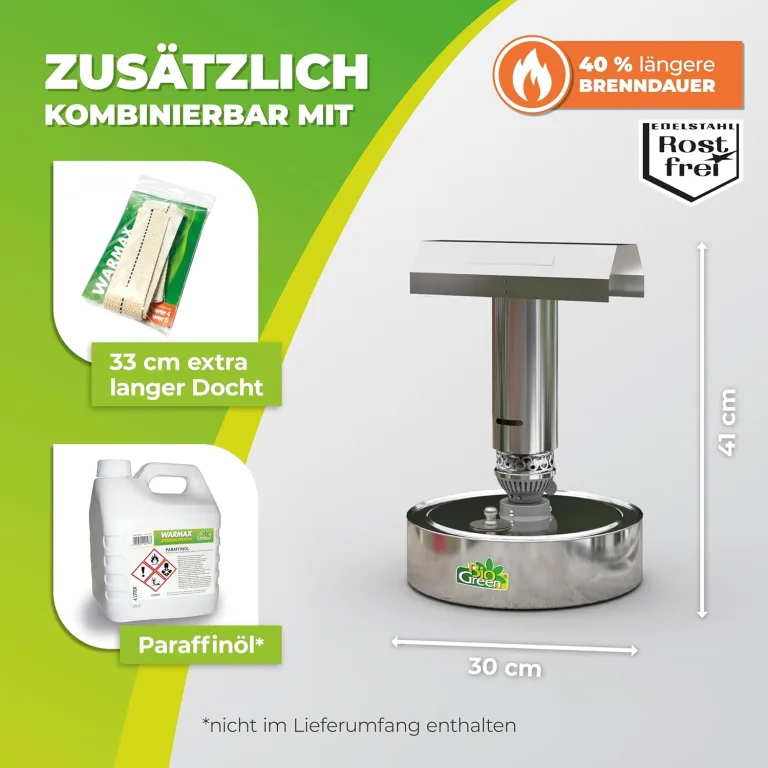 Bio Green Paraffin-Gewächshaus-Heizung WARMAX Power 5 aus Edelstahl | max. 300 Watt | für Gewächshäuser bis 4 m² | max. 7 Tage Brenndauer/Füllung – Bild 2