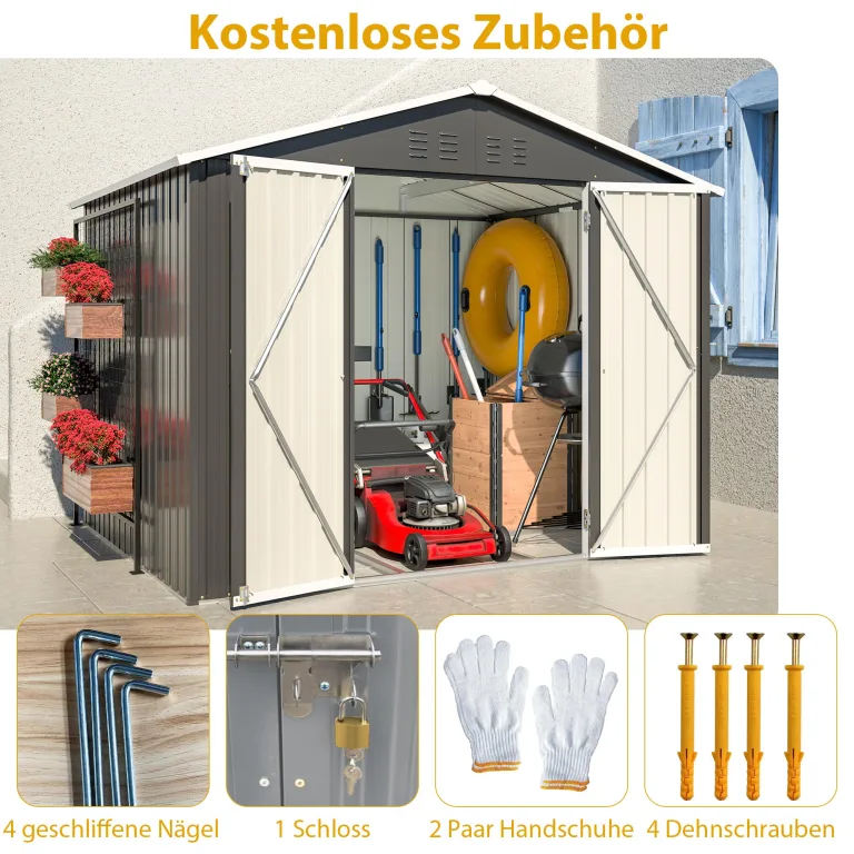 Thanaddo Gerätehaus Metall Groß Geräteschuppen 240x192x191 cm mit Fundamentrahmen, Wetterfest Gartenhaus mit Belüftungslöcher, Abschließbar, Gartenschuppen für Outdoor Garten Hinterhof, Schwarz – Bild 5