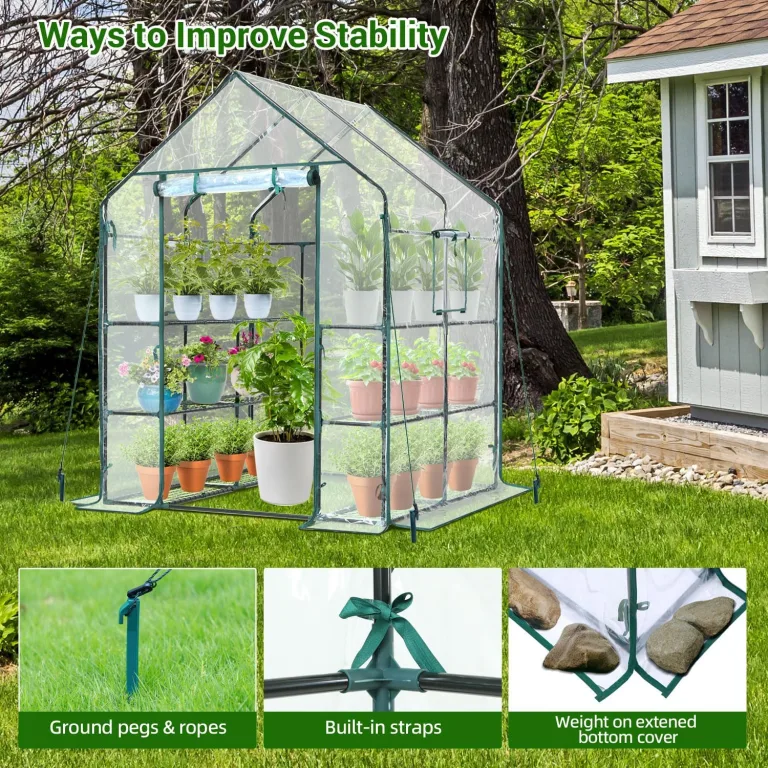 Ohuhu Gewächshaus Foliengewächshaus überwinterungszelt für Pflanzen, Winterfest Tomatenhaus Winterschutz Pflanzen mit PVC Abdeckung 3 Tiers 12 Regale Gewächshaus Klein für Garten 143x143x195 cm – Bild 9