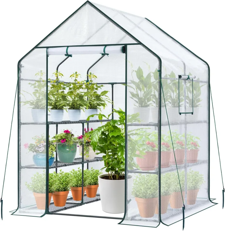 Ohuhu Gewächshaus Foliengewächshaus überwinterungszelt für Pflanzen, Winterfest Tomatenhaus Winterschutz Pflanzen mit PVC Abdeckung 3 Tiers 12 Regale Gewächshaus Klein für Garten 143x143x195 cm – Bild 10