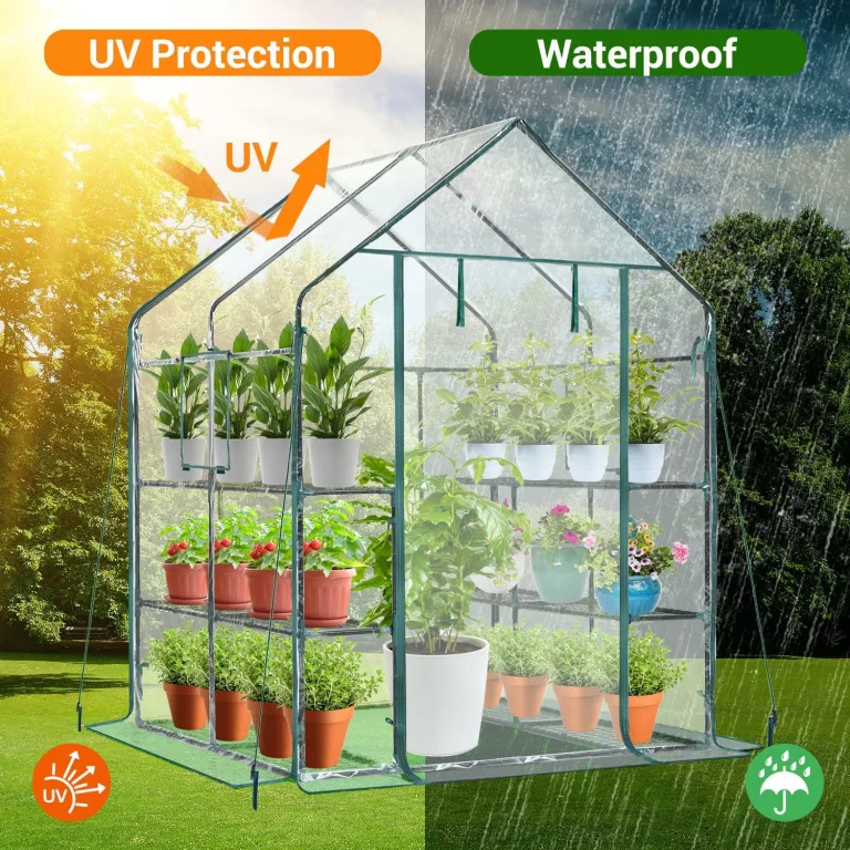 Ohuhu Gewächshaus Foliengewächshaus überwinterungszelt für Pflanzen, Winterfest Tomatenhaus Winterschutz Pflanzen mit PVC Abdeckung 3 Tiers 12 Regale Gewächshaus Klein für Garten 143x143x195 cm – Bild 4