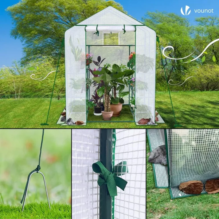 VOUNOT® Gewächshaus Foliengewächshaus, begehbares Gartenhäuschen mit 12 Regalebenen, Tomatenhaus Tomatengewächshaus, Weiß 143x215x195cm – Bild 8