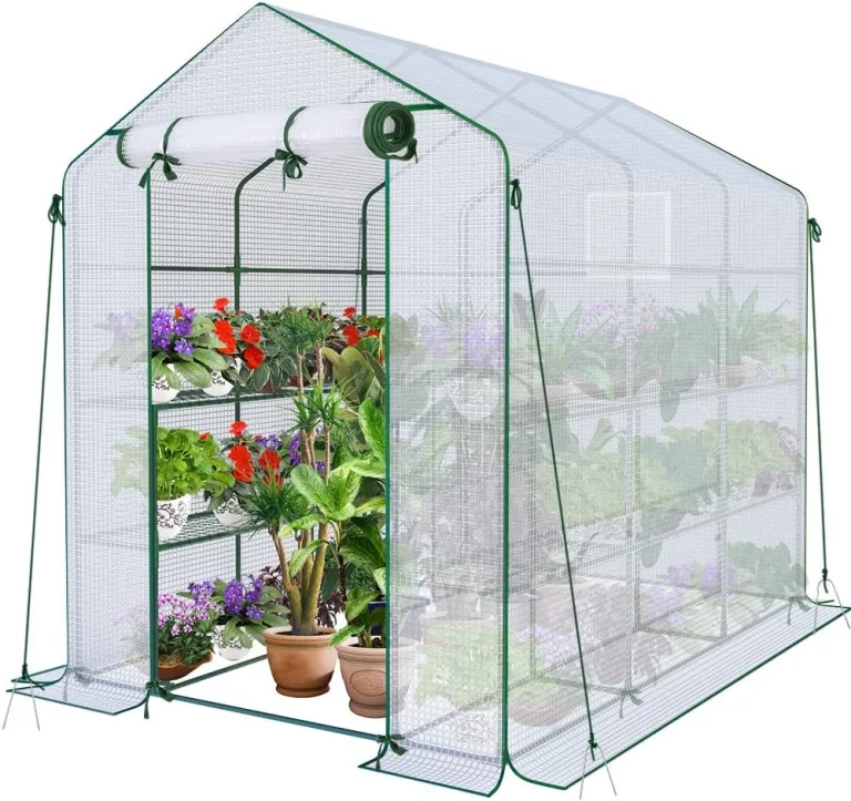 VOUNOT® Gewächshaus Foliengewächshaus, begehbares Gartenhäuschen mit 8 Regalebenen, Tomatenhaus Tomatengewächshaus, Weiß 143x143x195cm – Bild 9
