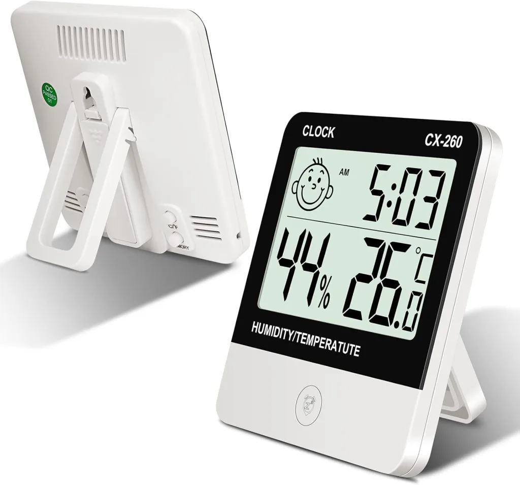 Flintronic Thermometer Hygrometer Innen, Mini LCD Anzeige Von Zeit Temperatur, Luftfeuchtigkeitsmesser mit Raumklima-Indikator für Innenbereich, Zuhause,Büro, Schule, Hotel und Gewächshaus(9 X 10 CM)