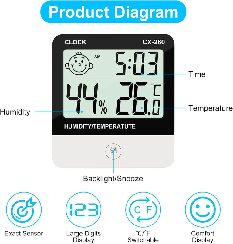 Flintronic Thermometer Hygrometer Innen, Mini LCD Anzeige Von Zeit Temperatur, Luftfeuchtigkeitsmesser mit Raumklima-Indikator für Innenbereich, Zuhause,Büro, Schule, Hotel und Gewächshaus(9 X 10 CM) – Bild 2