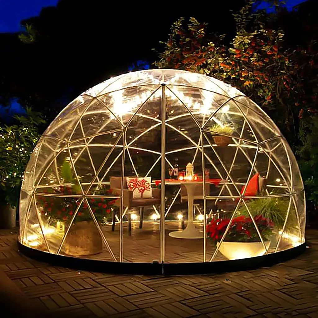 Gewächshaus Gartenkuppel Iglu, 3,6 x 2,2 m, PVC-Kuppelzelt, witterfest, Blasenzelt mit 2 x 10 m Lichterketten, transparente Hülsenabdeckung, Geodätsystem