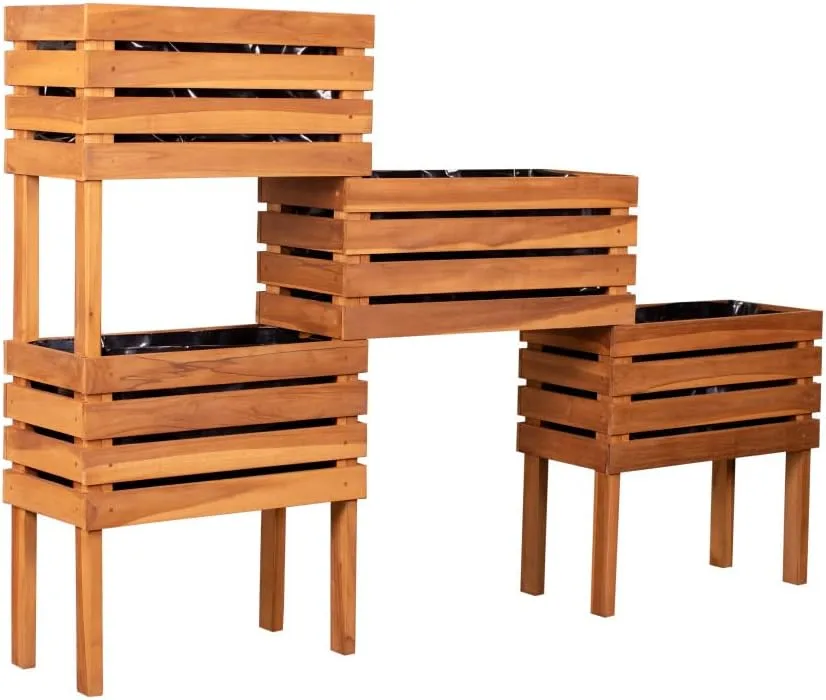 Hochbeet Dundee aus Teak-Holz | Gartenbeet XXL 180x30x120 cm (LxBxH) Blumenkasten | großes Kräuterbeet | Pflanzenbeet für den Balkon-Garten | Naturholz-Blumentreppe mit Folie | Sichtschutz
