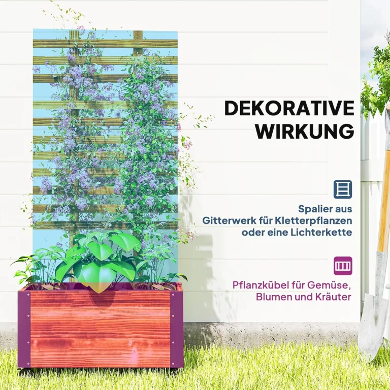 Outsunny Hochbeet Pflanzkasten mit Rankgitter, Spalier Pflanzkübel Blumenkasten Holz, Gemüsebeet mit Rollen, Rankhilfe, Gartenspalier 65x31x147cm für Garten, für Kletterpflanzen, Blumen, Verkohlt – Bild 3