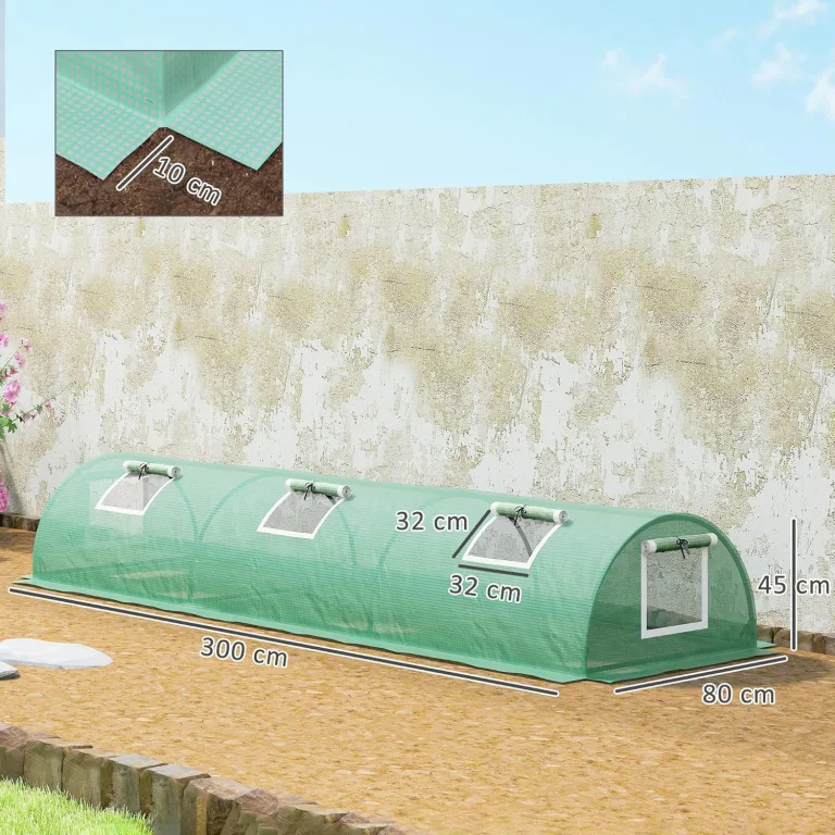 Outsunny Foliengewächshaus Mini Tunnelgewächshaus mit Mesh Fenster, UV-beständige Frühbeet für Garten zur Aufzucht, PE Folie, Grün, 300 x 80 x 45 cm – Bild 7