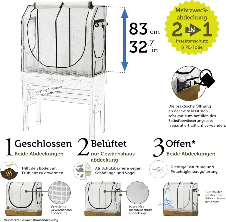 VegTrug® Gewächshausaufsatz Wall Hugger - Hochbeet Abdeckung mit Micro-Net-Funktion & PE-Folie - Frühbeet Aufsatz für Pflanzkasten - 99,5x41,5x90 cm – Bild 5