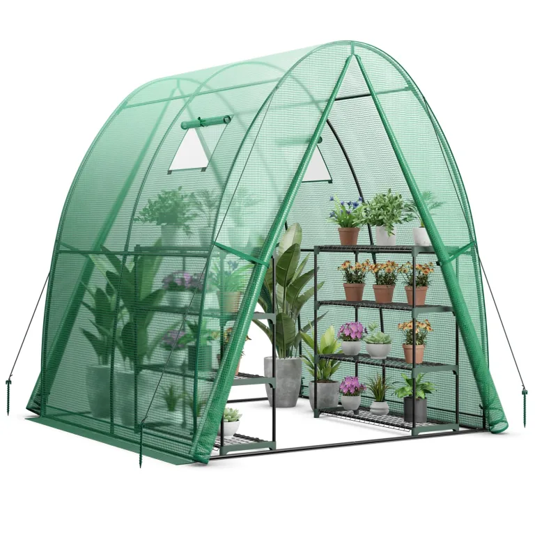 COSTWAY Foliengewächshaus Gewächshaus, Treibhaus mit PE-Abdeckung, Rolltür und Mesh-Fenster, Tomatengewächshaus Tomatenhaus, Pflanzenhaus für Tomaten & Topfpflanzen, 160x160x183 cm, Grün – Bild 10