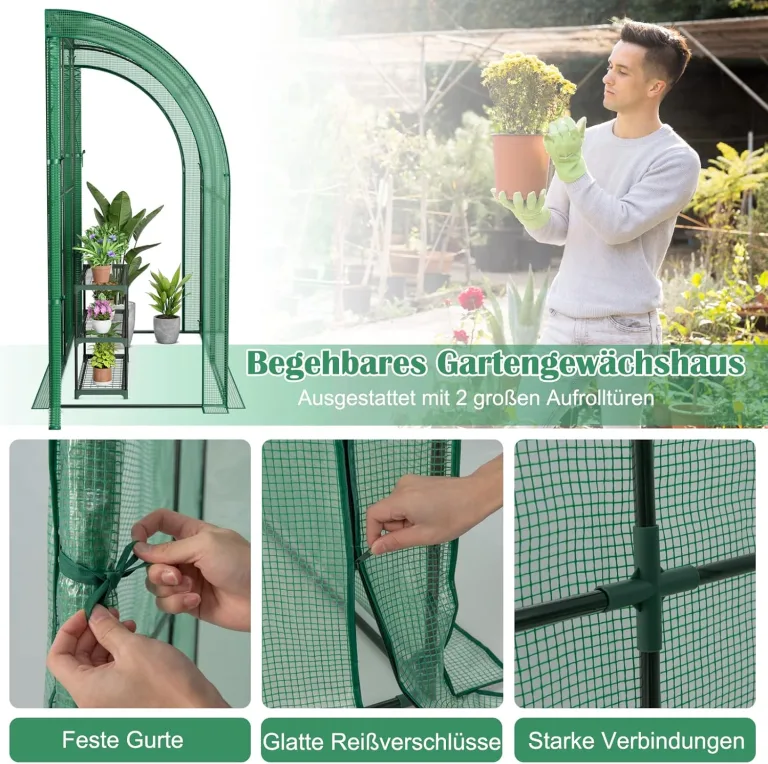 COSTWAY Foliengewächshaus mit 3-stöckigem Blumenregal, Tomatengewächshaus mit PE Gitterfolie, Treibhaus mit 2 aufrollbaren Türen, Tomaten Gewächshaus, Tomatenhaus für Topfpflanzen, 200x100x215cm, Grün – Bild 3