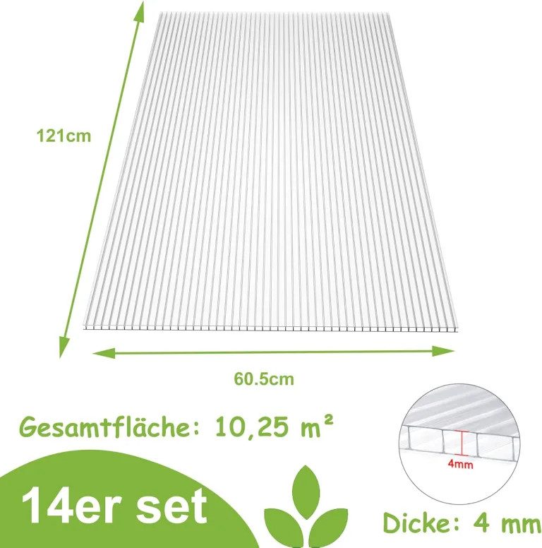 14 Stück Polycarbonat Hohlkammerstegplatten UV-beständigem Doppelstegplatte Gewächshausplatten 605x1210x4mm 10,25 m² Stegplatte Hohlkammerplatten für Gewächshaus mit 50x Klammern & 50x Z-Clips – Bild 2