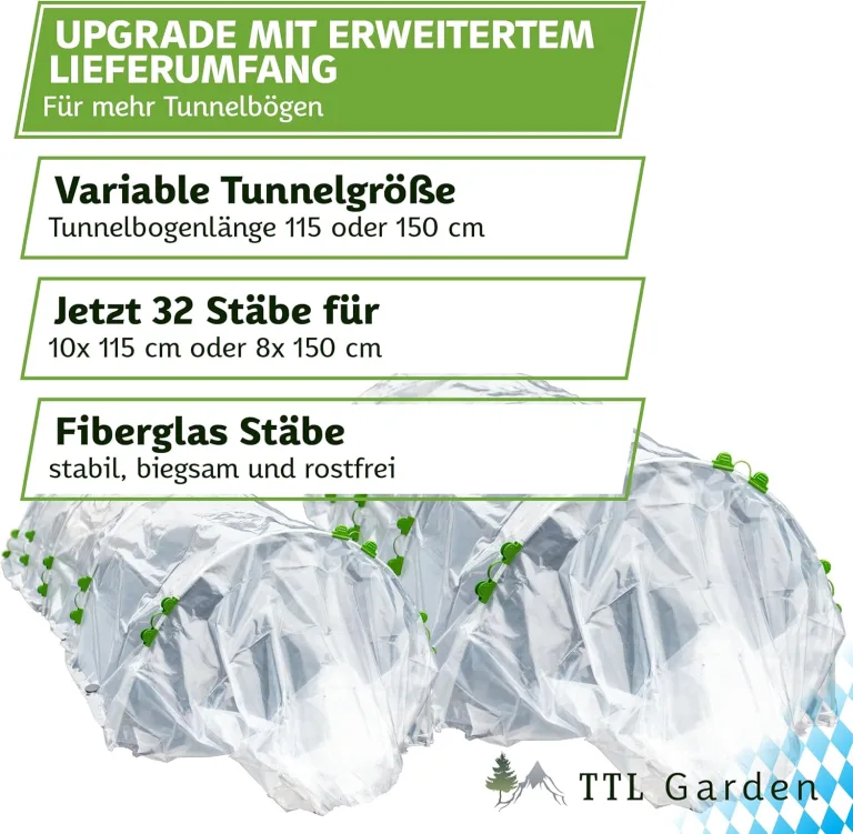 TTL Garden Folientunnel Set Flex XL 32 mit PE Folie 10 x 2,5 m - 10 x Fiberglas Bögen & PE Anzuchtfolie 10x2,5m breit, Rund Bogen Abdeckung Frühbeet Hochbeet Gemüsebeet stabil langlebig & rostfrei – Bild 5