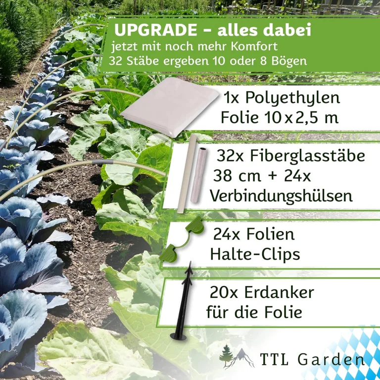 TTL Garden Folientunnel Set Flex XL 32 mit PE Folie 10 x 2,5 m - 10 x Fiberglas Bögen & PE Anzuchtfolie 10x2,5m breit, Rund Bogen Abdeckung Frühbeet Hochbeet Gemüsebeet stabil langlebig & rostfrei – Bild 6
