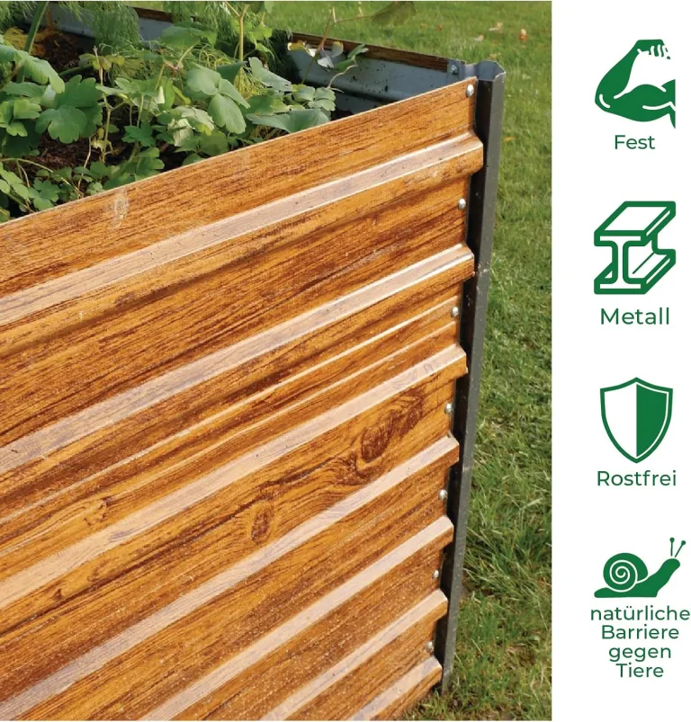 STREND PRO Hochbeet Metall 200x100x77 cm (LxBxH) Holz Imitation | Pflanzkasten Holz Effekt | Blumenkasten Holz Effekt | Garten Pflanzkasten Hoch | Gemüsebeet | Gartenbeet | Hochbeet Balkon Pflanzbeet – Bild 5