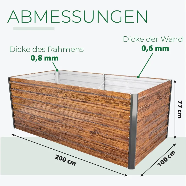 STREND PRO Hochbeet Metall 200x100x77 cm (LxBxH) Holz Imitation | Pflanzkasten Holz Effekt | Blumenkasten Holz Effekt | Garten Pflanzkasten Hoch | Gemüsebeet | Gartenbeet | Hochbeet Balkon Pflanzbeet – Bild 6