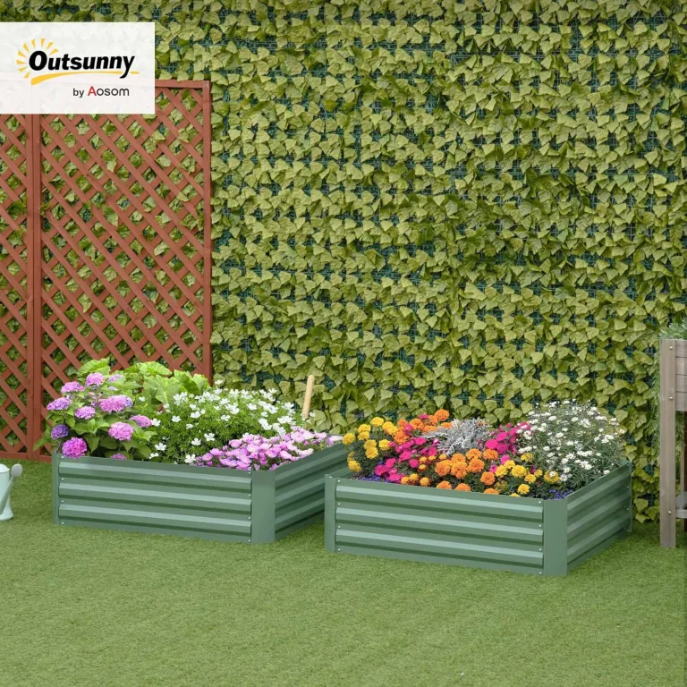 Outsunny Hochbeet Set, 2-TLG. Gartenbeet, Pflanzkasten, Blumenkasten, Pflanzkübel, Blumenkübel für Garten, Terrasse, Verzinkter Stahl, Grün, 100 x 100 x 30 cm – Bild 2