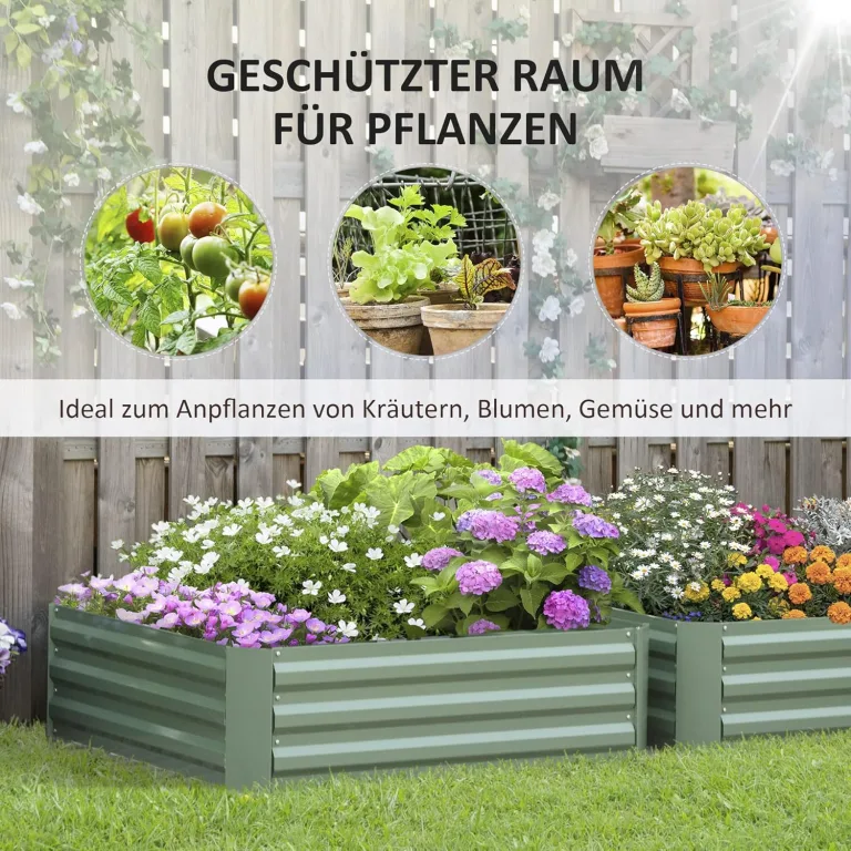 Outsunny Hochbeet Set, 2-TLG. Gartenbeet, Pflanzkasten, Blumenkasten, Pflanzkübel, Blumenkübel für Garten, Terrasse, Verzinkter Stahl, Grün, 100 x 100 x 30 cm – Bild 3