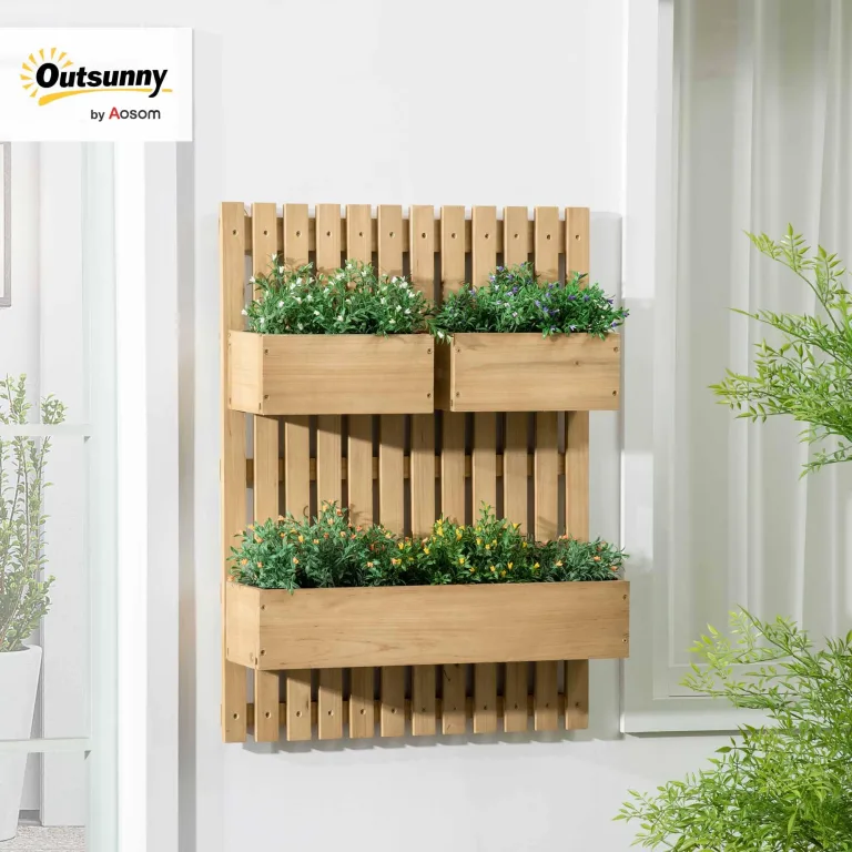 Outsunny Hochbeet Massivholz, Pflanzbeet Frühbeet Gartenbeet mit verstellbarem Blumenkasten, Wand, Pflanzkasten Pflanzkübel 60x16x80cm für Terrasse, Balkon, Gartenspalier für Blumen Pflanzen Naturholz – Bild 2