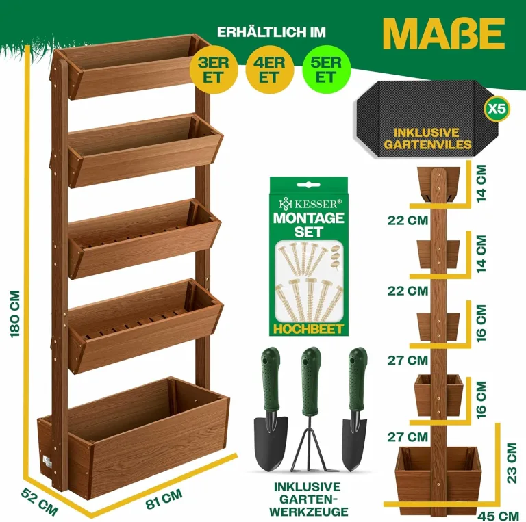 KESSER® Hochbeet mit 5 Etagen Premium Blumenkasten Blumentreppe Pflanztreppe Gemüsebeet Kräuterbeet Pflanzkübel Frühbeet Blumenbeet Pflanzkasten mit Gartenvlies - Beet inkl. Schaufelset, Braun – Bild 5