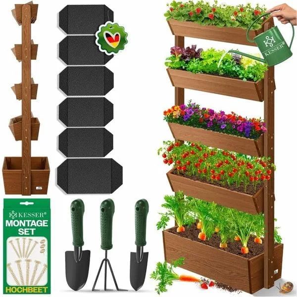 KESSER® Hochbeet mit 5 Etagen Premium Blumenkasten Blumentreppe Pflanztreppe Gemüsebeet Kräuterbeet Pflanzkübel Frühbeet Blumenbeet Pflanzkasten mit Gartenvlies - Beet inkl. Schaufelset, Braun – Bild 1