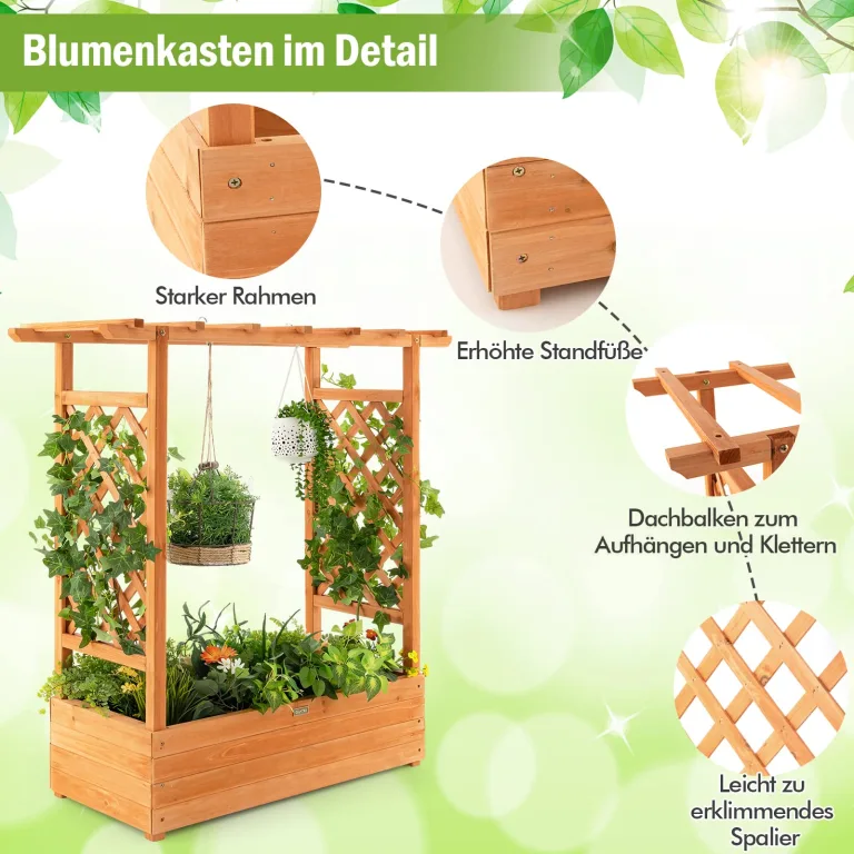 COSTWAY Blumenkasten mit Rankgitter & hängendem Dach, Pflanzkasten mit Rankhilfe, Hochbeet für Kletterpflanzen & hängende Körbe, für Garten Hof Terrasse, Pflanzkübel Holz, ‎110x44x113,5cm, Orange – Bild 4