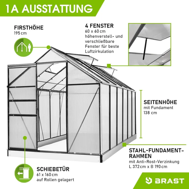 BRAST Gewächshaus Aluminium mit Fundament | 42 Modelle | 130x190x195cm - 490x250x235cm | TÜV geprüft | 6mm Hohlkammerplatten | rostfrei wetterfest temperaturbeständig | 380x190x195cm Grau – Bild 7