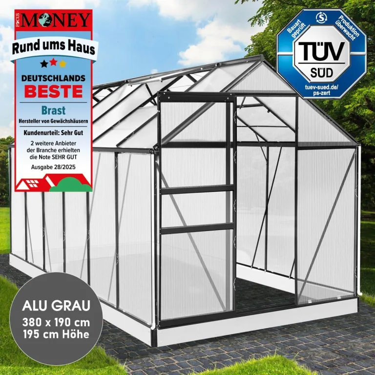 BRAST Gewächshaus Aluminium mit Fundament | 42 Modelle | 130x190x195cm - 490x250x235cm | TÜV geprüft | 6mm Hohlkammerplatten | rostfrei wetterfest temperaturbeständig | 380x190x195cm Grau – Bild 3