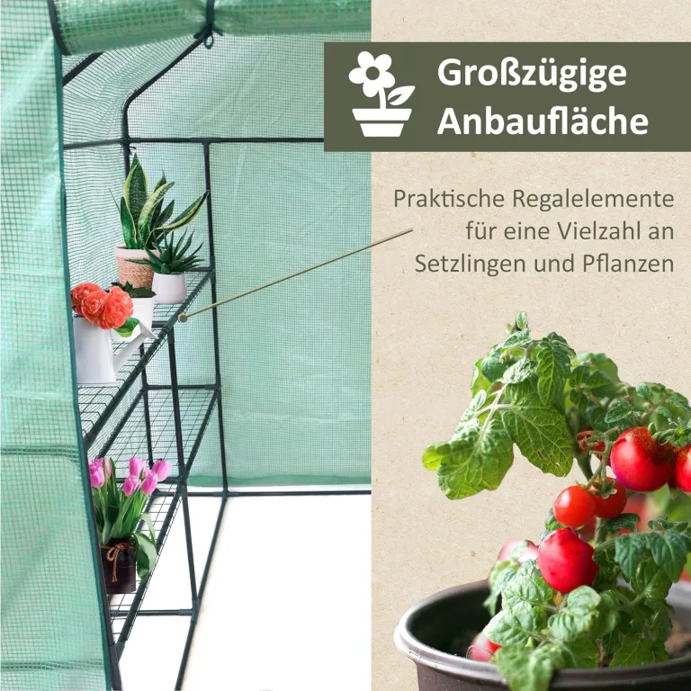 NATIV Foliengewächshaus | Tomaten Gewächshaus mit 8 praktischen Ablagen| Tomatenhaus aus robuster Gewächshausfolie | Treibhaus mit aufrollbarer Türe | Anzuchthaus 143 x 143 cm, 195 cm hoch – Bild 4