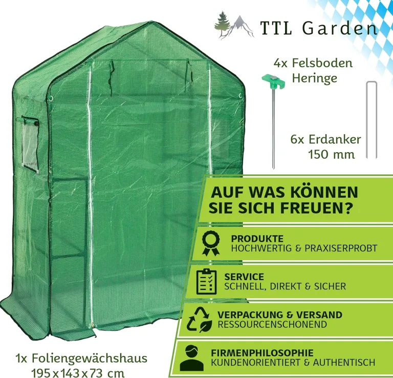 TTL Garden Foliengewächshaus 195 x 143 x 73 cm grün - Tomaten & Pflanzen Gewächshaus Treibhaus mit Gitter Schutzfolie, 2 Fenster mit Fliegengitter Bodenanker 6 Etagen + Regal Böden Winterfest – Bild 8