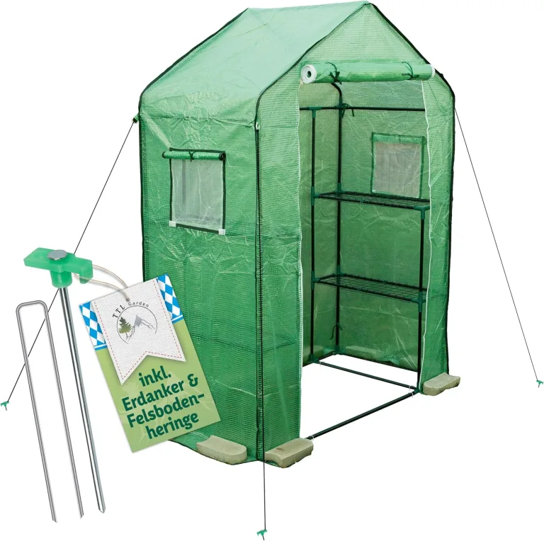 TTL Garden Foliengewächshaus 195 x 143 x 73 cm grün - Tomaten & Pflanzen Gewächshaus Treibhaus mit Gitter Schutzfolie, 2 Fenster mit Fliegengitter Bodenanker 6 Etagen + Regal Böden Winterfest – Bild 1