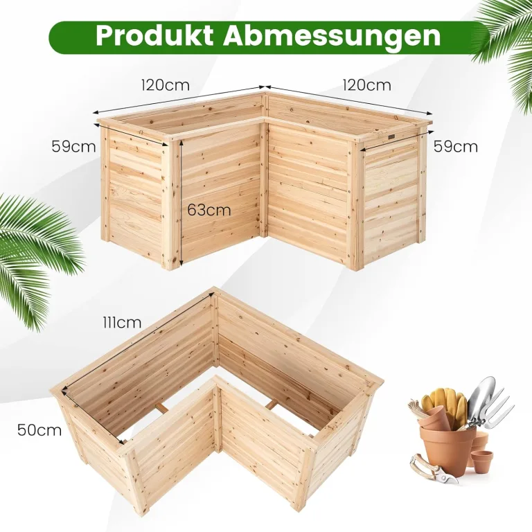 COSTWAY Erhöhtes Hochbeet Holz, Gartenbeet tief, Pflanzkasten mit offenem Boden, für Balkon Garten Terrasse, Pflanzenbeet L-förmig, Kräuterbeet Pflanzkasten, Tannenholz, 120 x 120 x 63 cm (Natur) – Bild 7