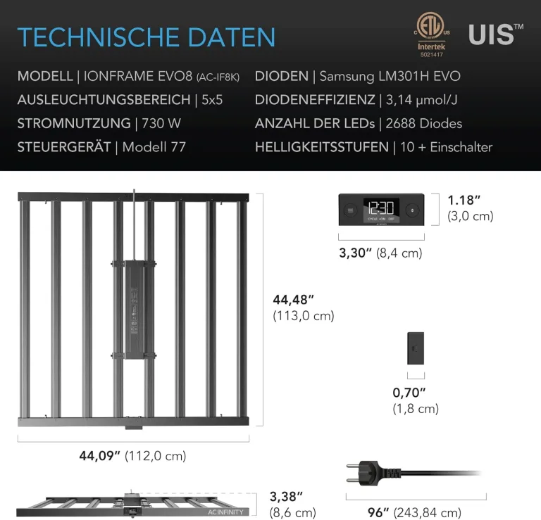 AC Infinity IONFRAME EVO8 LED Grow Light 730 W für 150 x 150 cm Grow Zelte, mit 2688 Samsung LM301H EVO LEDs und Vollspektrum-Licht für Indoor-Grow & Gewächshaus – Bild 14