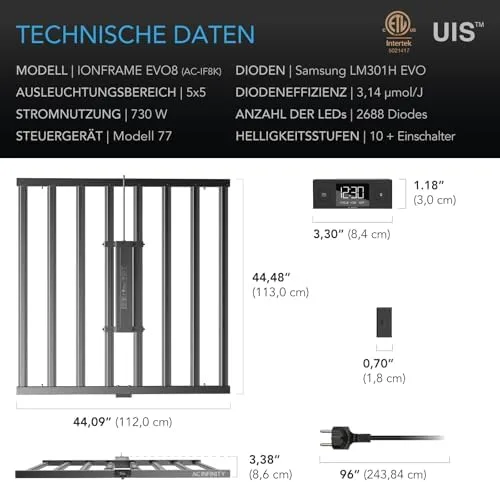 AC Infinity IONFRAME EVO8 LED Grow Light 730 W für 150 x 150 cm Grow Zelte, mit 2688 Samsung LM301H EVO LEDs und Vollspektrum-Licht für Indoor-Grow & Gewächshaus – Bild 8