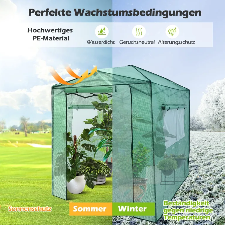 RELAX4LIFE Gewächshaus, Foliengewächshaus Winterfest mit 2 Aufrollbaren Fenstern & 2 Aufrolltüren, Überwinterungszelt für Pflanzen, Pflanzenhaus für Blumen Gemüse Obst, 250 × 180 × 210-230cm – Bild 2