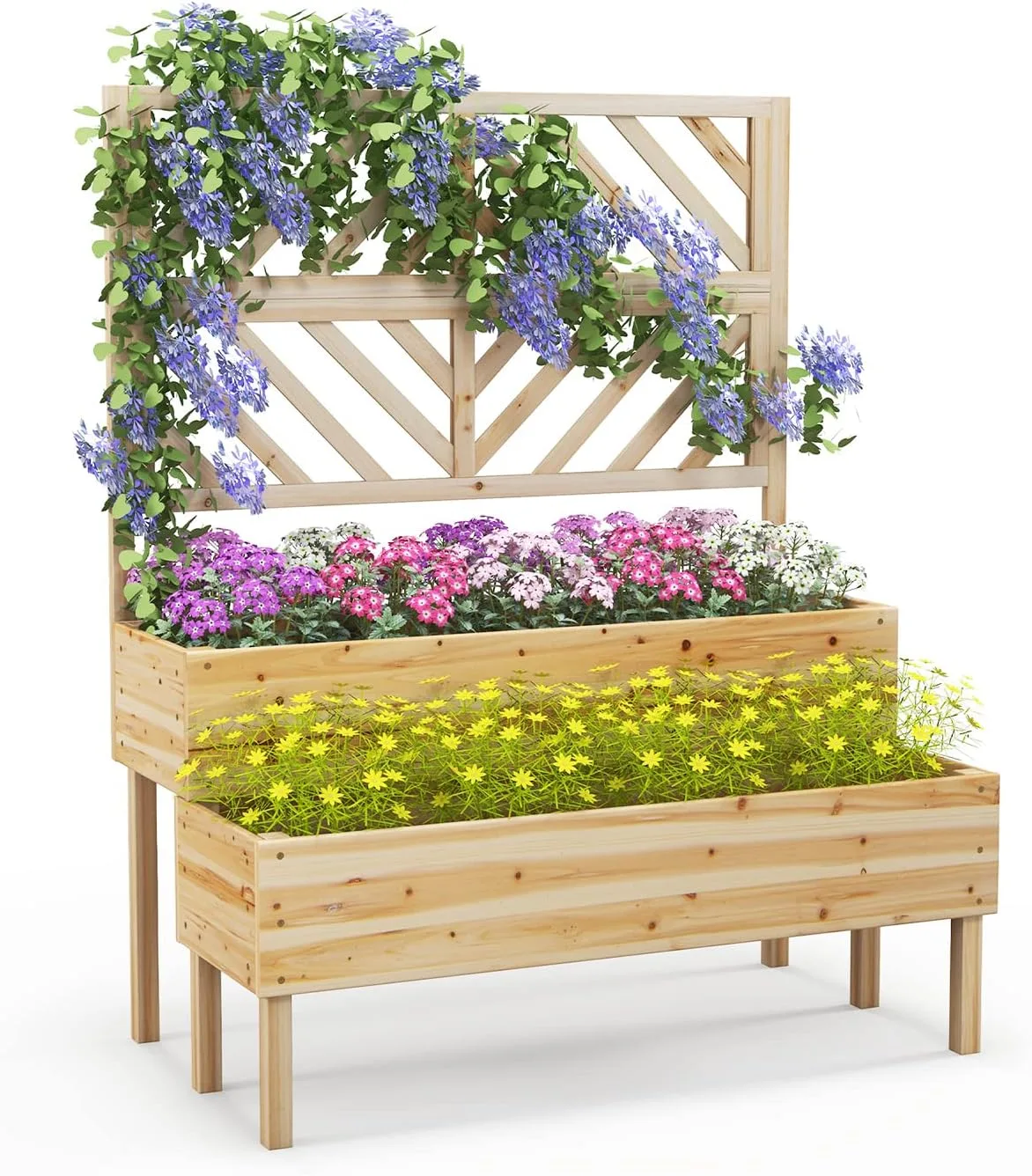 GOPLUS 2 Etagen Hochbeet mit Rankgitter, Pflanzkasten mit Rankhilfe, Gartenspalier Blumenkasten mit Entwässerungsloch für Kletterpflanzen Blumen (Natur) - Bild 1