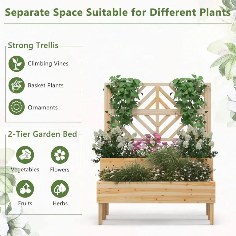 GOPLUS 2 Etagen Hochbeet mit Rankgitter, Pflanzkasten mit Rankhilfe, Gartenspalier Blumenkasten mit Entwässerungsloch für Kletterpflanzen Blumen (Natur) – Bild 3