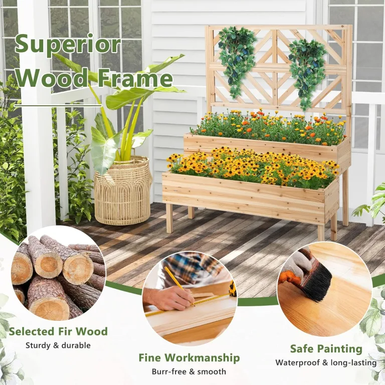 GOPLUS 2 Etagen Hochbeet mit Rankgitter, Pflanzkasten mit Rankhilfe, Gartenspalier Blumenkasten mit Entwässerungsloch für Kletterpflanzen Blumen (Natur) – Bild 5