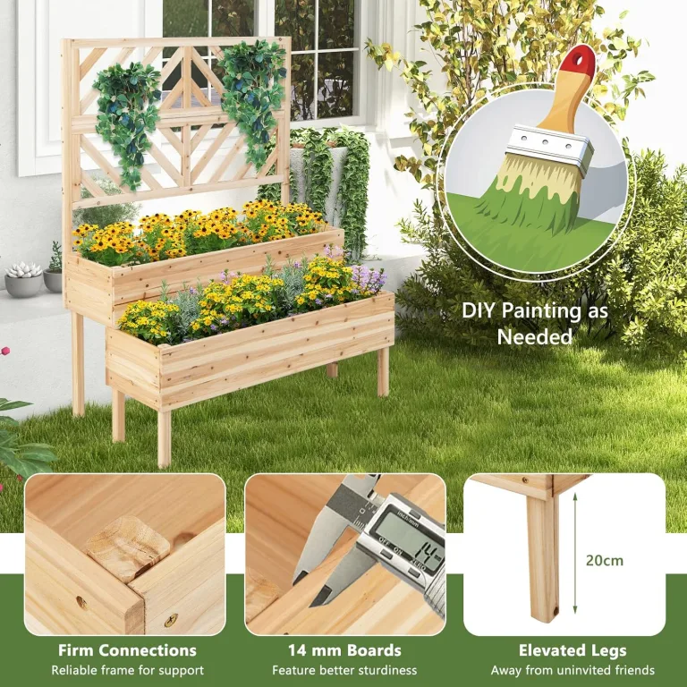 GOPLUS 2 Etagen Hochbeet mit Rankgitter, Pflanzkasten mit Rankhilfe, Gartenspalier Blumenkasten mit Entwässerungsloch für Kletterpflanzen Blumen (Natur) – Bild 6