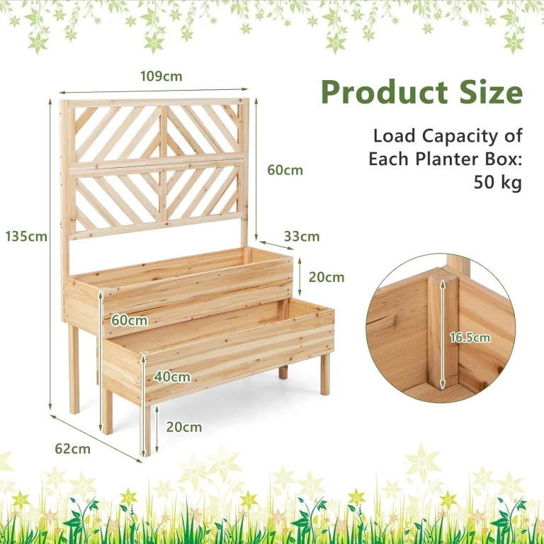 GOPLUS 2 Etagen Hochbeet mit Rankgitter, Pflanzkasten mit Rankhilfe, Gartenspalier Blumenkasten mit Entwässerungsloch für Kletterpflanzen Blumen (Natur) – Bild 7