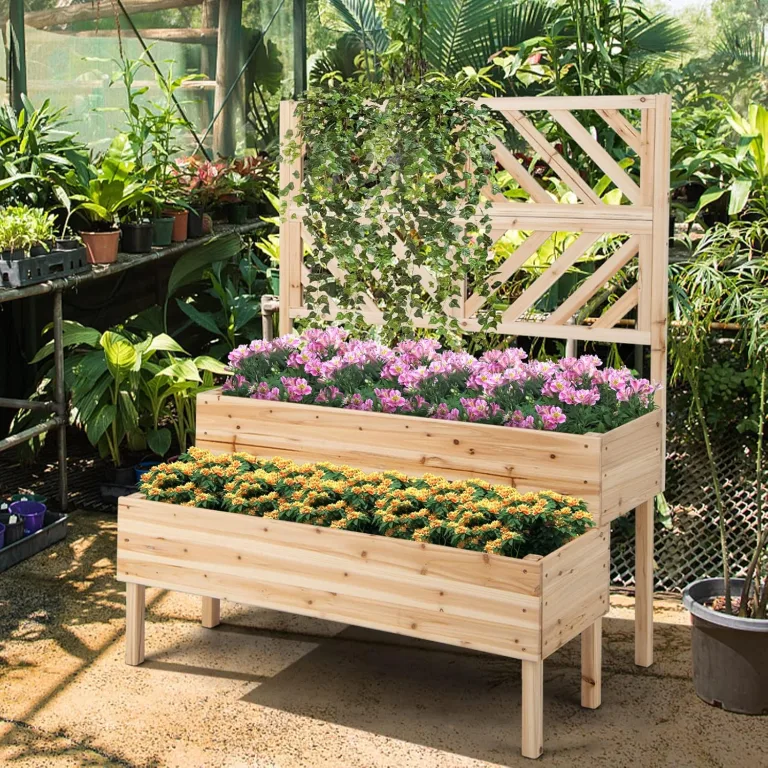 GOPLUS 2 Etagen Hochbeet mit Rankgitter, Pflanzkasten mit Rankhilfe, Gartenspalier Blumenkasten mit Entwässerungsloch für Kletterpflanzen Blumen (Natur) – Bild 8