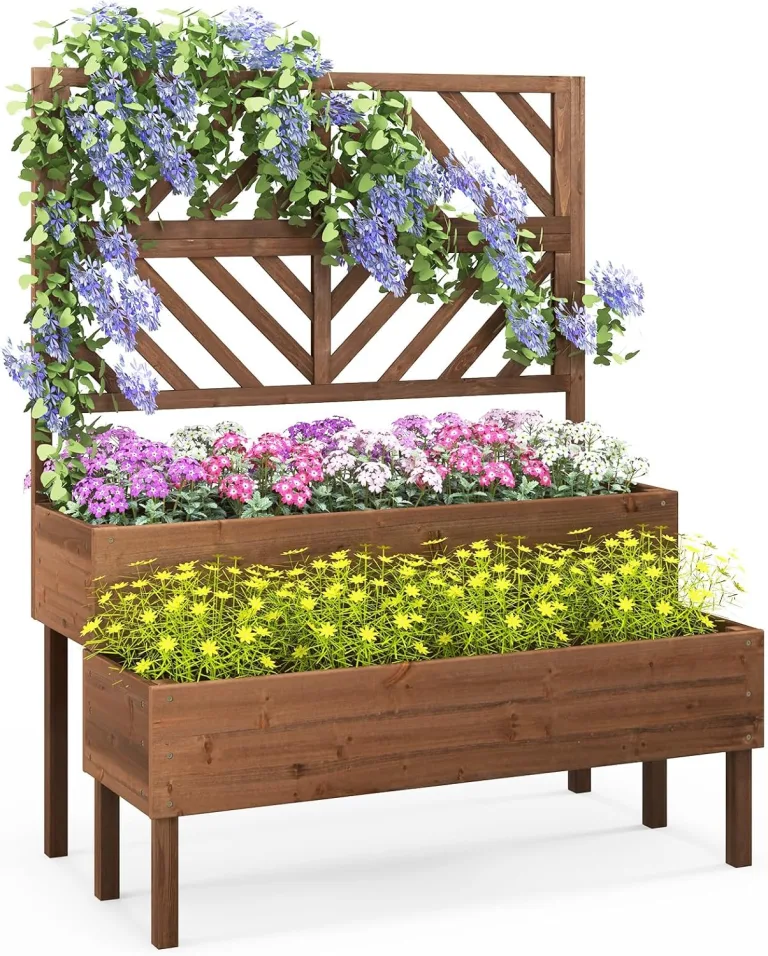 GOPLUS 2 Etagen Hochbeet mit Rankgitter, Pflanzkasten mit Rankhilfe, Gartenspalier Blumenkasten mit Entwässerungsloch für Kletterpflanzen Blumen (Natur) – Bild 9