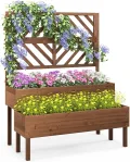 GOPLUS 2 Etagen Hochbeet mit Rankgitter, Pflanzkasten mit Rankhilfe, Gartenspalier Blumenkasten mit Entwässerungsloch für Kletterpflanzen Blumen (Natur) - Thumbnail 9