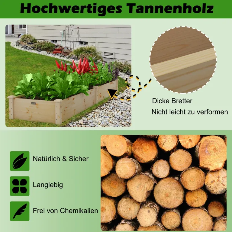 COSTWAY Hochbeet Gartenbeet Holz, 240 x 60 x 25 cm, Pflanzkasten für Gemüse, Blumen, Kräuter, Früchte, Blumenkasten Blumenbeet Kräuterbeet Pflanzbeet, für Hinterhof, Garten, Rasen (Natur) – Bild 2
