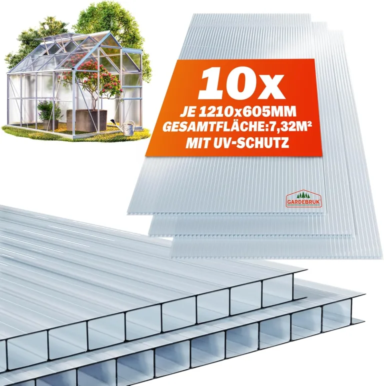 GARDEBRUK® 10x Doppelstegplatten 6mm Zuschneidbar 121x60,5cm Polycarbonat 7,3m² UV-beständig Klar Hohlkammerplatten Gewächshaus Platten Stegplatten – Bild 1