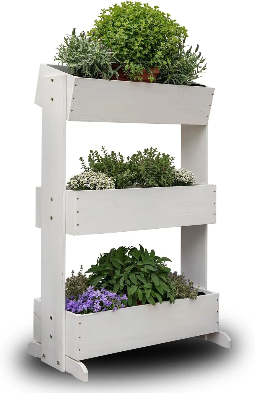 MaLa Hochbeet Balkon Weiß 3 Etagen Blumenkasten Gemüsebeet Kräuterbeet inkl. Gartenvlies schmales Vertikales Beet für Balkon Garten Terrasse Indoor aus Holz | Neigbare Funktion trifft Design - Bild 1